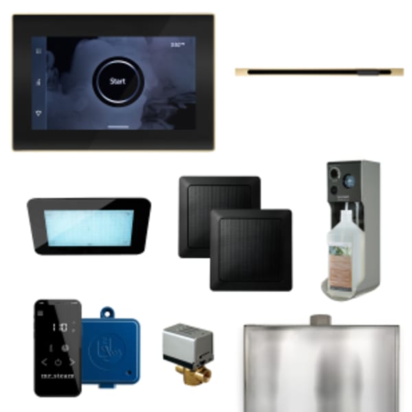 XDream Linear Steam Shower Control Package with iSteamX Control and Linear SteamHead in Black and Polished Brass
