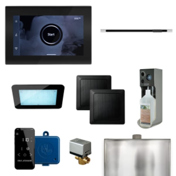 XDream Linear Steam Shower Control Package with iSteamX Control and Linear SteamHead in Black and Polished Chrome