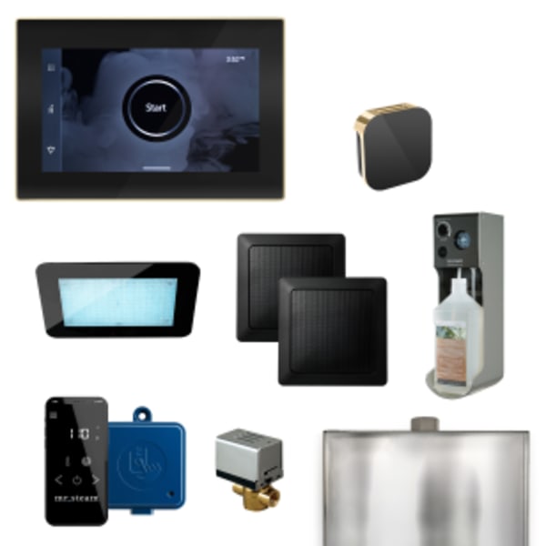 XDream Steam Shower Control Package with iSteamX Control and Aroma Glass SteamHead in Black and Polished Brass