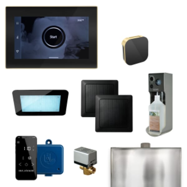 XDream Steam Shower Control Package with iSteamX Control and Aroma Glass SteamHead in Black and Satin Brass