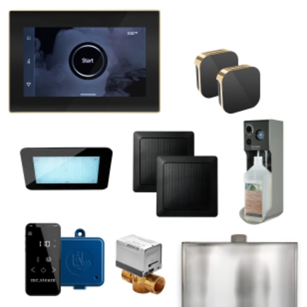 XDream Max Steam Shower Control Package with iSteamX Control and Aroma Glass SteamHead in Black and Polished Brass