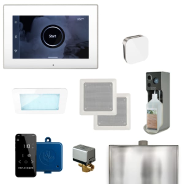XDream Steam Shower Control Package with iSteamX Control and Aroma Glass SteamHead in White and Brushed Nickel