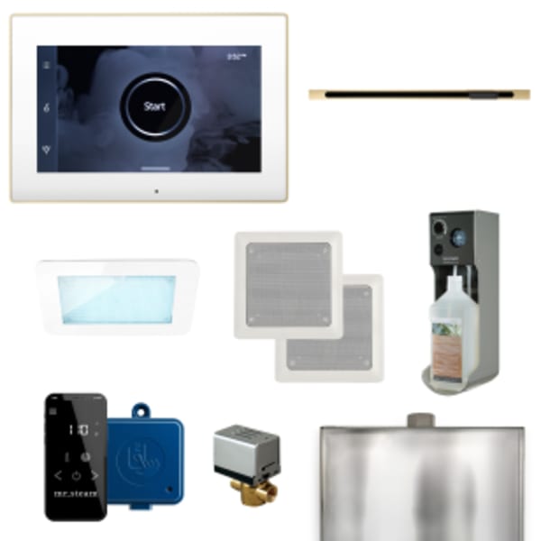 XDream Linear Steam Shower Control Package with iSteamX Control and Linear SteamHead in White and Polished Brass
