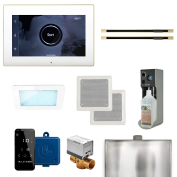 XDream Max Linear Steam Shower Control Package with iSteamX Control and Linear SteamHead in White and Polished Brass