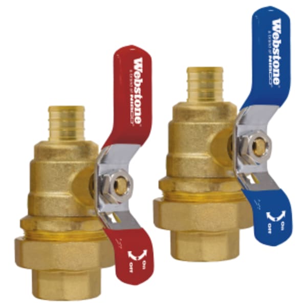 3/4" FPT Union x F1807 PEX E-X-P Union Ball Tankless Water Heater Service Valve Kit, Hot & Cold Set of Full Port Forged DZR Lead-Free Brass Ball Valves, w/ Union Ends, & Adjustable Packing Glands. Designed for TWH with integrated drain and PRV ports.