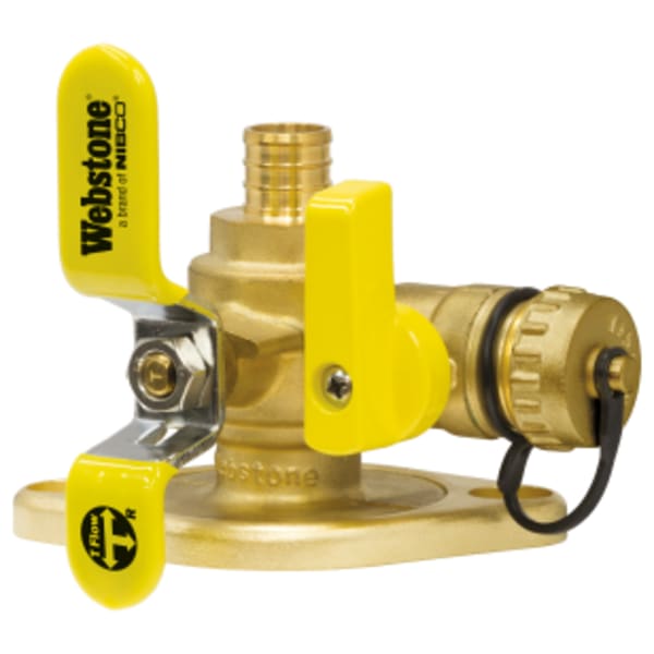3/4" F1807 PEX x Rotating Flange Isolator w/ Rotating Flange & Multi-Function Hi-Flow Hose Drain, Full Port Forged Lead-Free Brass Uni-Flange Ball Valve, w/ Detachable Rotating Flange, Adjustable Packing Glands, Nuts & Bolts, Lead-Free Lead-Free Brass, Fits Standard and High Velocity Pumps