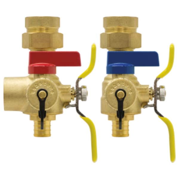 3/4" FPT Union x F1807 PEX E-X-P E2 Tankless Water Heater Service Valve Kit, Hot & Cold Set of Full Port Forged Lead-Free Brass Ball Valves, w/ Hi-Flow Hose Drains, Pressure Relief Valve Outlet, & Adjustable Packing Glands