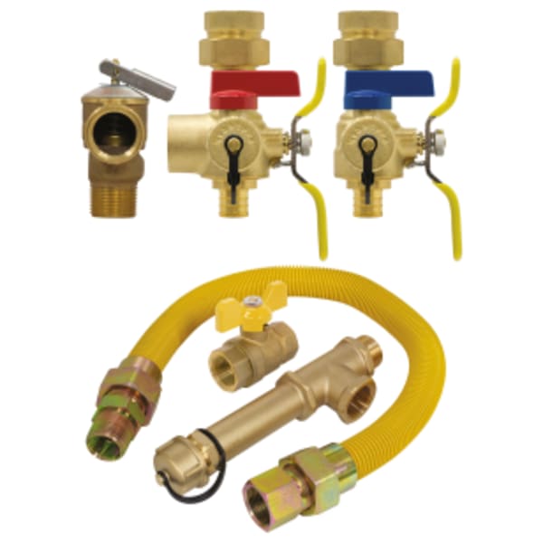 3/4" FPT Union x F1807 PEX E-X-P E2 Tankless Water Heater Service Valve Kit, Hot & Cold Set of Full Port Forged Lead-Free Brass Ball Valves, w/ Hi-Flow Hose Drains, Pressure Relief Valve Outlet, & Adjustable Packing Glands, Pressure Relief Valve & Gas Sediment Trap
