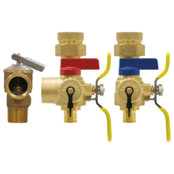 3/4" FPT Union x F1807 PEX E-X-P E2 Tankless Water Heater Service Valve Kit, Hot & Cold Set of Full Port Forged Lead-Free Brass Ball Valves, w/ Hi-Flow Hose Drains, Residential Pressure Relief Valve (150 PSI 500,000 BTU/Hr), & Adjustable Packing Glands