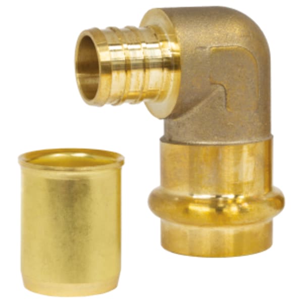 3/4" x 1" Press x F1807 PEX Forged DZR Lead-Free Brass Transition Elbow, w/ 3/4" Copper Finned Tube Stiffener, For use with Baseboard Radiators