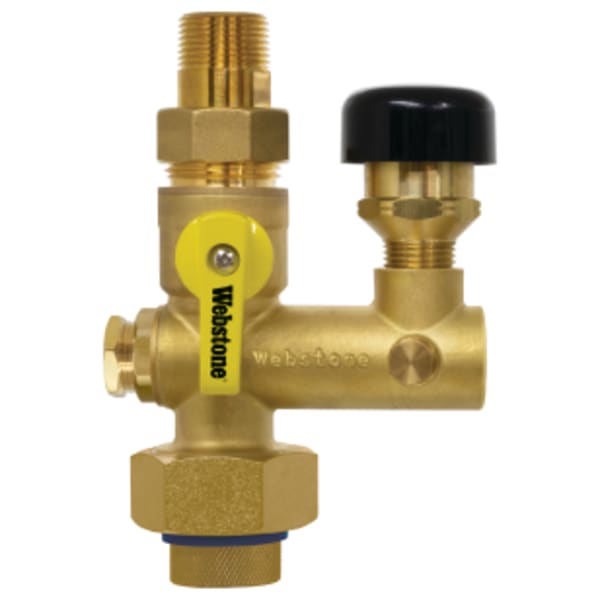 3/4" x 1/2" FPT Union x MPT Pro-Pal Water Heater Supply Valve, Full Port DZR Lead-Free Brass Ball Valve, w/ Union End, 1/2" FIP Vacuum Relief Valve Port, (2) Plugged FIP Ports (1/2" & 1/8"), Includes Vacuum Relief Valve & Mounting Hardware