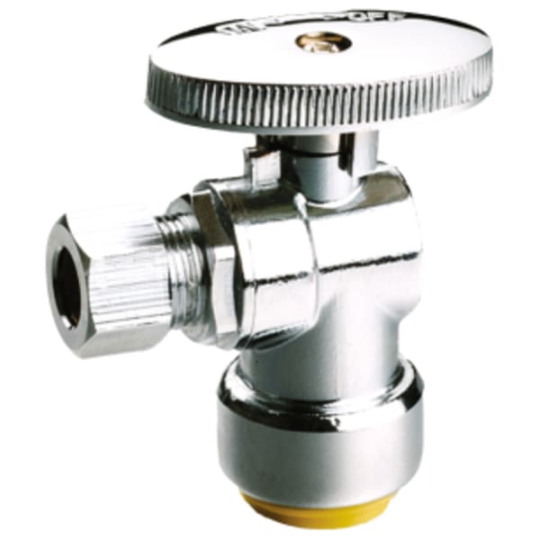 1/2" x 3/8" Push x Compression ProPush 1/4 Turn Angled Supply Stop, Chrome-Plated DZR Lead-Free Brass, For Connection to Copper, CPVC or PEX