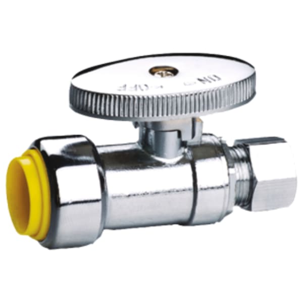 1/2" x 3/8" Push x Compression ProPush 1/4 Turn Straight Supply Stop, Chrome-Plated DZR Lead-Free Brass, For Connection to Copper, CPVC or PEX
