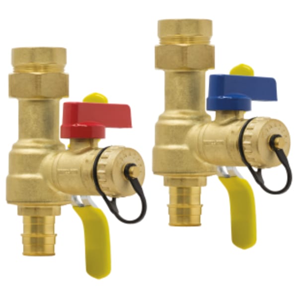 3/4" FPT Union x F1960 PEX E-X-P E2 Tankless Water Heater Service Valve Kit, Hot & Cold Set of Full Port Forged DZR Lead-Free Brass Ball Valves, w/ Hi-Flow Hose Drains, & Adjustable Packing Glands