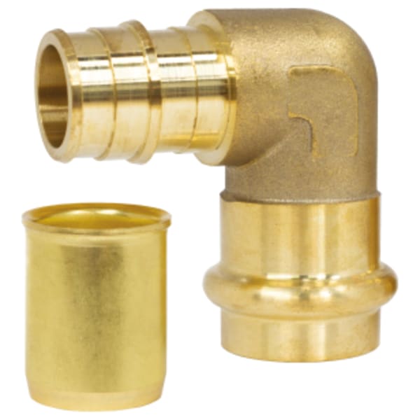 3/4" x 1/2" Press x F1960 PEX Forged DZR Lead-Free Brass Transition Elbow, w/ 3/4" Copper Finned Tube Stiffener, For use with Baseboard Radiators