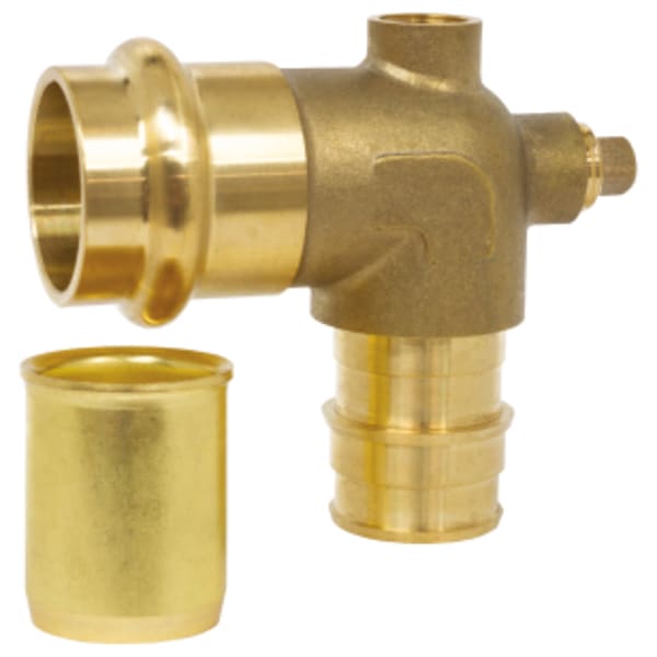 3/4" Press x F1960 PEX Forged DZR Lead-Free Brass Dual Vent Transition Elbow, w/ 3/4" Copper Finned Tube Stiffener, & 1/8" NPT Plug, For use with Baseboard Radiators