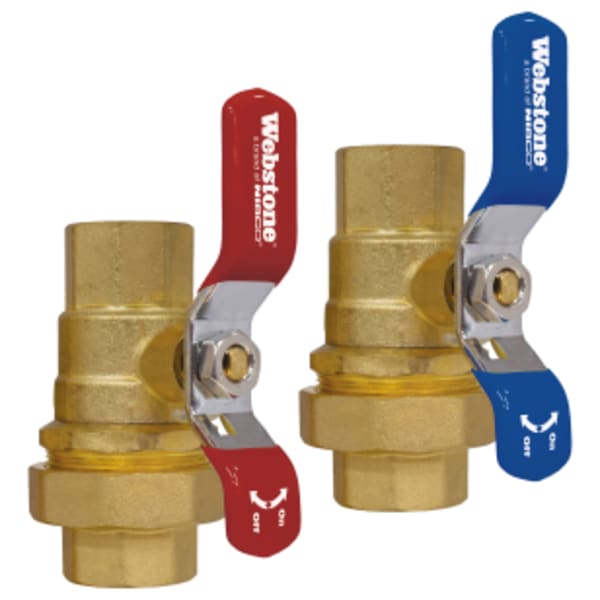 3/4" FPT Union x FPT E-X-P Union Ball Tankless Water Heater Service Valve Kit, Hot & Cold Set of Full Port Forged DZR Lead-Free Brass Ball Valves, w/ Union Ends, & Adjustable Packing Glands. Designed for TWH with integrated drain and PRV ports.