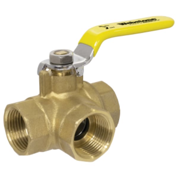 3/4" FPT Full Port Forged Brass Ball Valve, 3 Way L-Port, w/ Reversible Handle, & Adjustable Packing Gland