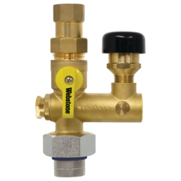 3/4" FPT Union x FPT Pro-Pal Dielectric Water Heater Supply Valve, Full Port DZR Lead-Free Brass Ball Valve, w/ Dielectric Union End, 1/2" FIP Vacuum Relief Valve Port, (2) Plugged FIP Ports (1/2" & 1/8"), Includes Vacuum Relief Valve