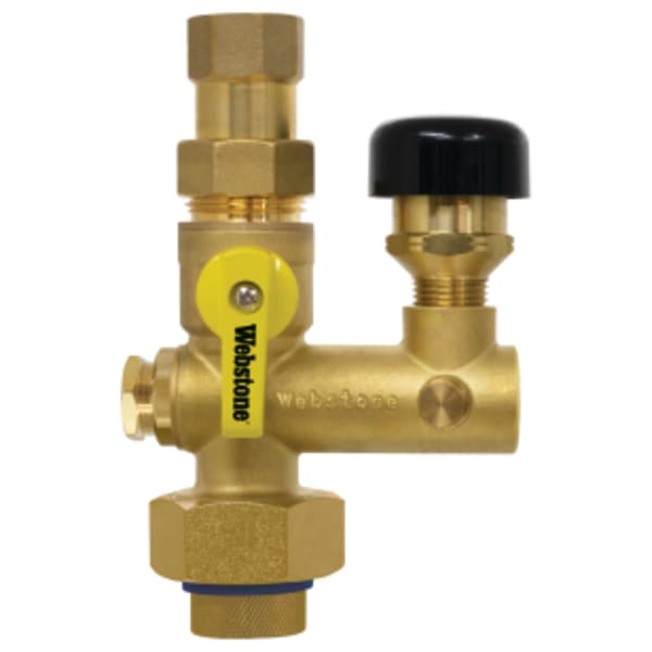 3/4" FPT Union x FPT Pro-Pal Water Heater Supply Valve, Full Port DZR Lead-Free Brass Ball Valve, w/ Union End, 1/2" FIP Vacuum Relief Valve Port, (2) Plugged FIP Ports (1/2" & 1/8"), Includes Vacuum Relief Valve & Mounting Hardware