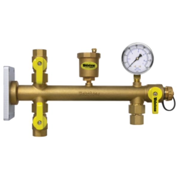 1/2" FPT Pro-Pal E-Tank Service Assembly, Forged Brass Mounting Arm w/ Full Port Isolation Valves, Expansion Tank Port & Hi-Flow Hose Drain, Includes Automatic Air Vent & Pressure Gauge, For Hydronic Applications