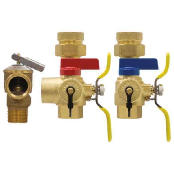 1" FPT Union x FPT E-X-P E2 Tankless Water Heater Service Valve Kit, Hot & Cold Set of Full Port Forged Lead-Free Brass Ball Valves, w/ Hi-Flow Hose Drains, Residential Pressure Relief Valve (150 PSI 500,000 BTU/Hr), & Adjustable Packing Glands