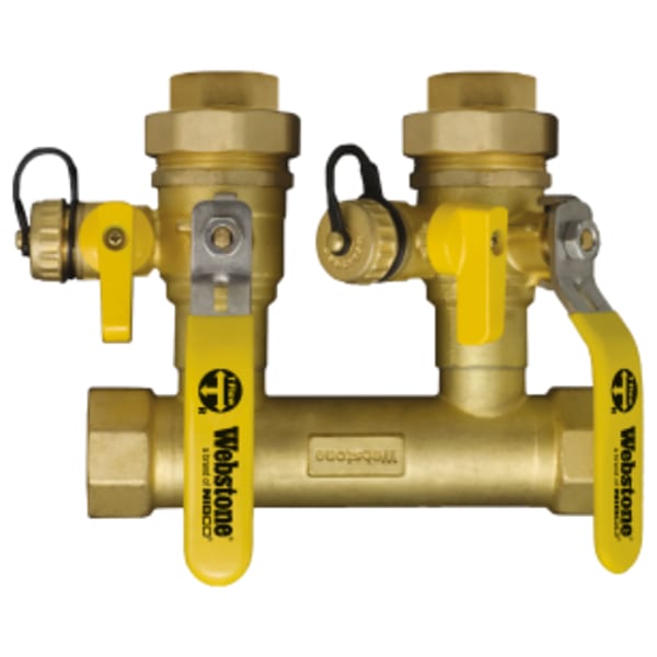 1-1/4" x 3/4" FPT System Run x FPT Boiler Connection Hydro-Core Manifold Kit, Double Ball Drain Manifold, Forged Brass Closely Spaced Tees w/ (2) Full Port Isolation Valves w/ Hi-Flow Hose Drains, Boiler Connections, Adjustable Packing Glands, Fully Insulated Body