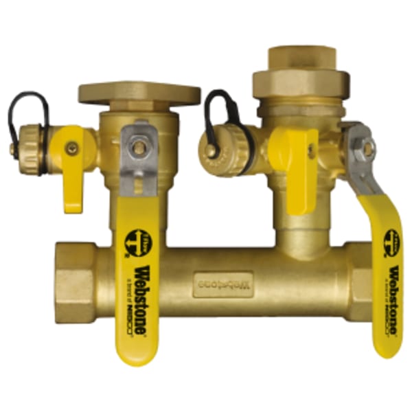 1-1/4" x 3/4" FPT System Run x FPT Boiler Connection Hydro-Core Manifold Kit, Flange Left Manifold, Forged Brass Closely Spaced Tees w/ (2) Full Port Isolation Valves w/ Hi-Flow Hose Drains, Boiler Connections, Adjustable Packing Glands, Fully Insulated Body