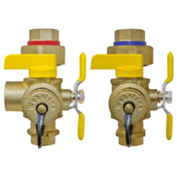 3/4" FPT Union x Sweat E-X-P Tankless Water Heater Service Valve Kit, Hot & Cold Set of Full Port Forged Lead-Free Brass Ball Valves, w/ Hi-Flow Hose Drains, Pressure Relief Valve Outlet, & Adjustable Packing Glands