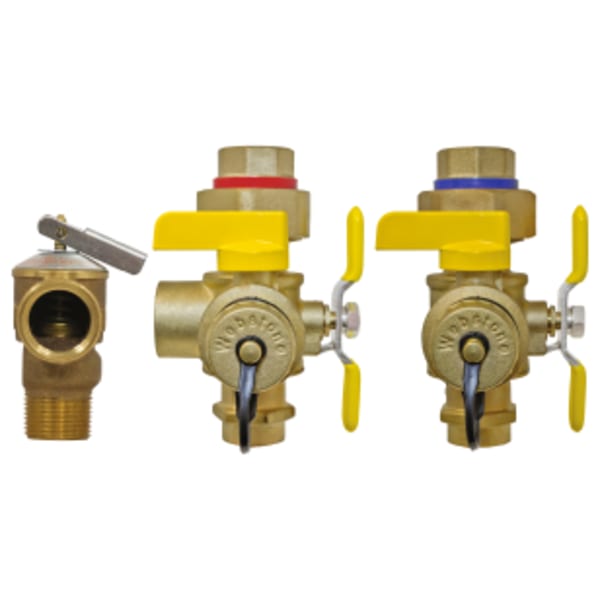 3/4" FPT Union x Sweat E-X-P Tankless Water Heater Service Valve Kit, Hot & Cold Set of Full Port Forged Lead-Free Brass Ball Valves, w/ Hi-Flow Hose Drains, Residential Pressure Relief Valve (150 PSI 500,000 BTU/HR), & Adjustable Packing Glands