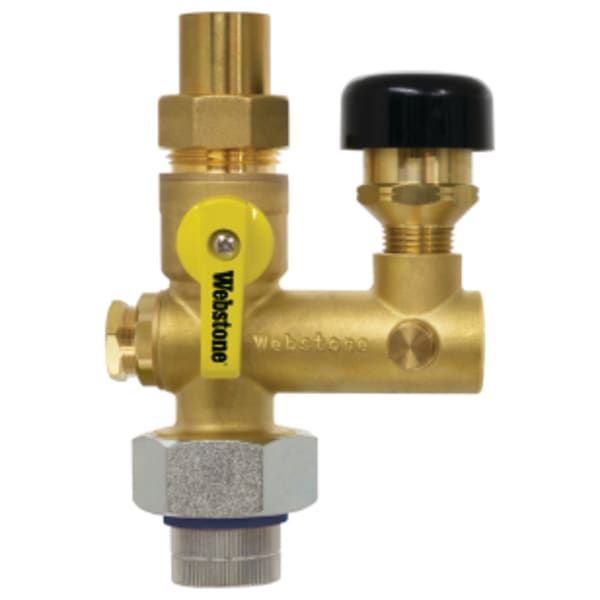 3/4" x 1/2" FPT Union x Sweat Pro-Pal Dielectric Water Heater Supply Valve, Full Port DZR Lead-Free Brass Ball Valve, w/ Dielectric Union End, 1/2" FIP Vacuum Relief Valve Port, (2) Plugged FIP Ports (1/2" & 1/8"), Includes Vacuum Relief Valve