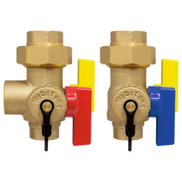 3/4" FPT Union x Sweat E-X-P Ultra-Compact Tankless Water Heater Service Valve Kit, Hot & Cold Set of Full Port Forged DZR Lead-Free Brass Ball Valves, w/ 3/4" Hose Drains, & Pressure Relief Valve Outlet.