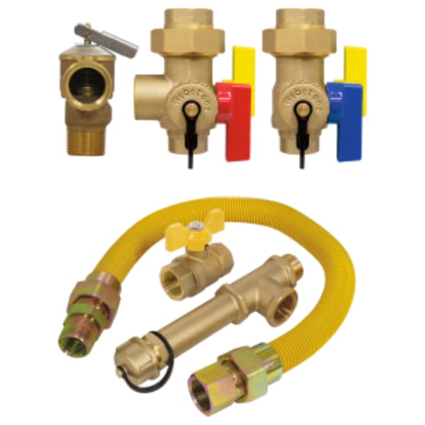 3/4" FPT Union x Sweat E-X-P Ultra-Compact Tankless Water Heater Service Valve Kit, Hot & Cold Set of Full Port Forged DZR Lead-Free Brass Ball Valves, w/ 3/4" Hose Drains, Pressure Relief Valve & Gas Sediment Trap