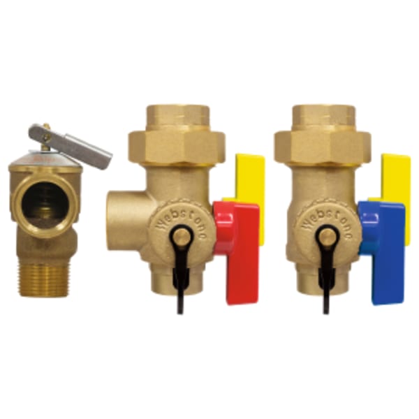 3/4" FPT Union x Sweat E-X-P Tankless Water Heater Service Valve Kit, Hot & Cold Set of Full Port Forged Lead-Free Brass Ball Valves, w/ Hi-Flow Hose Drains, Pressure Relief Valve Outlet, & Adjustable Packing Glands