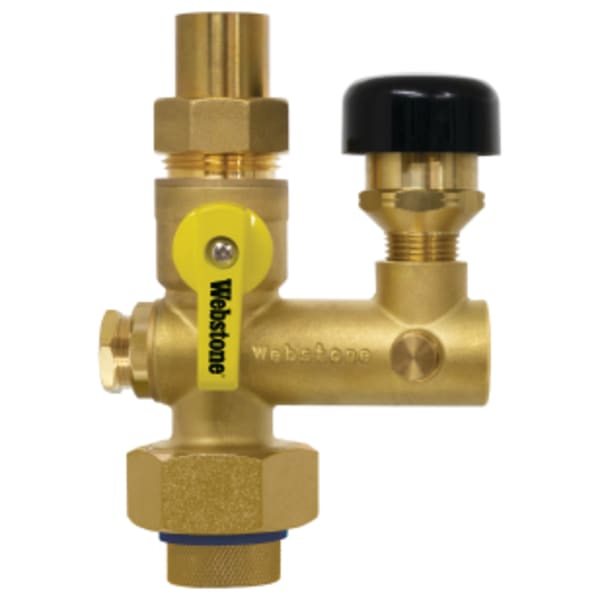 3/4" FPT Union x Sweat Pro-Pal Water Heater Supply Valve, Full Port DZR Lead-Free Brass Ball Valve, w/ Union End, 1/2" FIP Vacuum Relief Valve Port, (2) Plugged FIP Ports (1/2" & 1/8"), Includes Vacuum Relief Valve & Mounting Hardware