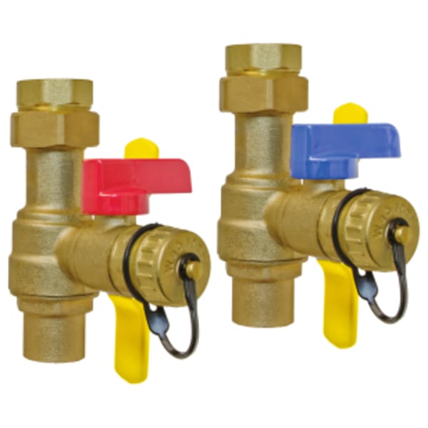 3/4" FPT Union x Sweat E-X-P E2 Tankless Water Heater Service Valve Kit, Hot & Cold Set of Full Port Forged DZR Lead-Free Brass Ball Valves, w/ Hi-Flow Hose Drains, & Adjustable Packing Glands