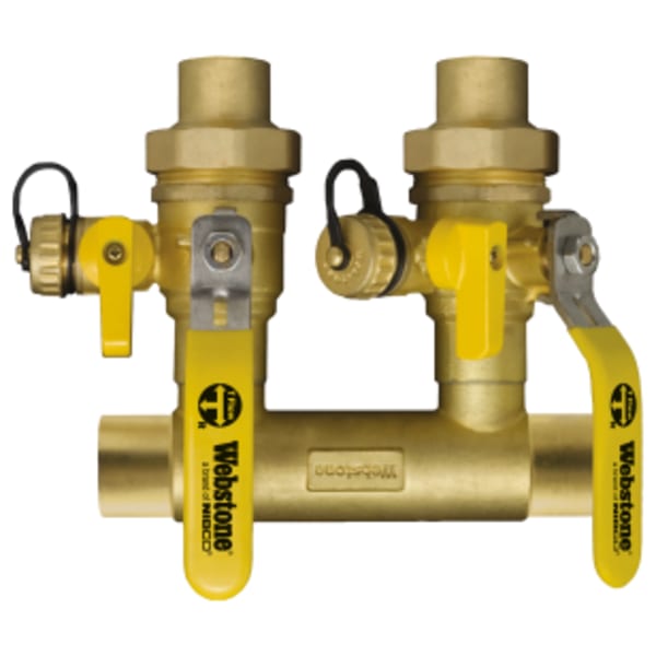 1-1/4" x 3/4" Sweat System Run x Sweat Boiler Connection Hydro-Core Manifold Kit, Double Ball Drain Manifold, Forged Brass Closely Spaced Tees w/ (2) Full Port Isolation Valves w/ Hi-Flow Hose Drains, Boiler Connections, Adjustable Packing Glands, Fully Insulated Body