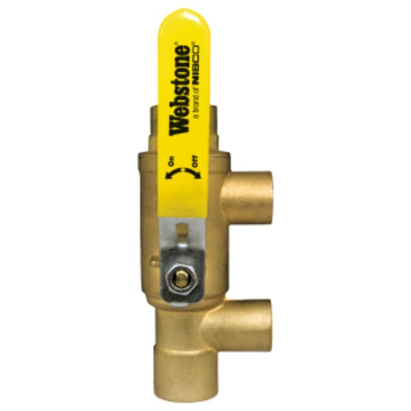 1-1/4" x 1" Sweat Pro-Pal Primary/Secondary Loop Purge Tee, Full Port Forged Brass Ball Valve, w/ Reversible Handle, & Adjustable Packing Gland