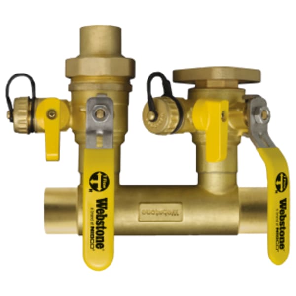 1-1/2" x 1-1/4" Sweat System Run x Sweat Boiler Connection Hydro-Core Manifold Kit, Flange Right Manifold, Forged Brass Closely Spaced Tees w/ (2) Full Port Isolation Valves w/ Hi-Flow Hose Drains, Boiler Connections, Adjustable Packing Glands, Fully Insulated Body