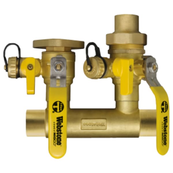 1-1/4" x 3/4" Sweat System Run x Sweat Boiler Connection Hydro-Core Manifold Kit, Flange Left Manifold, Forged Brass Closely Spaced Tees w/ (2) Full Port Isolation Valves w/ Hi-Flow Hose Drains, Boiler Connections, Adjustable Packing Glands, Fully Insulated Body