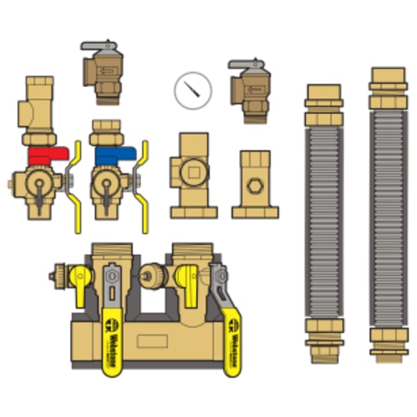1-1/4" x 1" Sweat System Run x FPT Boiler Connection Hydro-Core Complete Near Boiler Piping Kit, Includes Manifold, Supply & Return Flex Lines, Boiler Connections & 3/4" E3 Service Valve Kit, for Select Combi Boilers