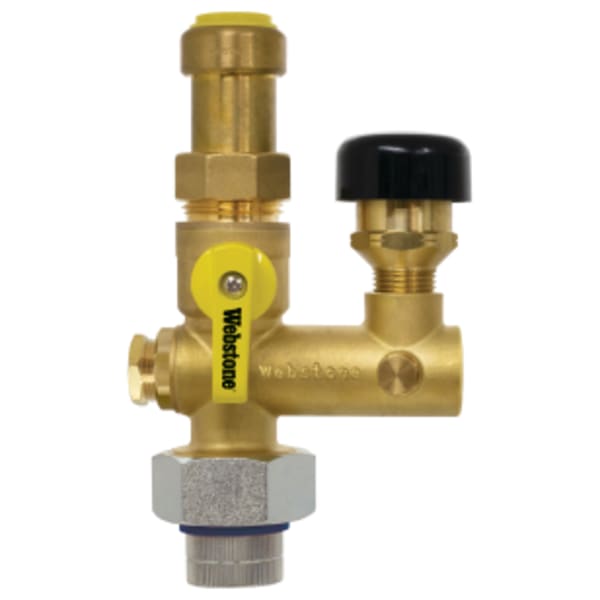 3/4" x 1/2" FPT Union x Push Pro-Pal Dielectric Water Heater Supply Valve, Full Port DZR Lead-Free Brass Ball Valve, w/ Dielectric Union End, 1/2" FIP Vacuum Relief Valve Port, (2) Plugged FIP Ports (1/2" & 1/8"), Includes Vacuum Relief Valve