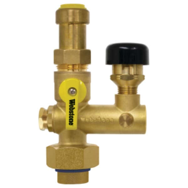 3/4" FPT Union x Push Pro-Pal Water Heater Supply Valve, Full Port DZR Lead-Free Brass Ball Valve, w/ Union End, 1/2" FIP Vacuum Relief Valve Port, (2) Plugged FIP Ports (1/2" & 1/8"), Includes Vacuum Relief Valve & Mounting Hardware