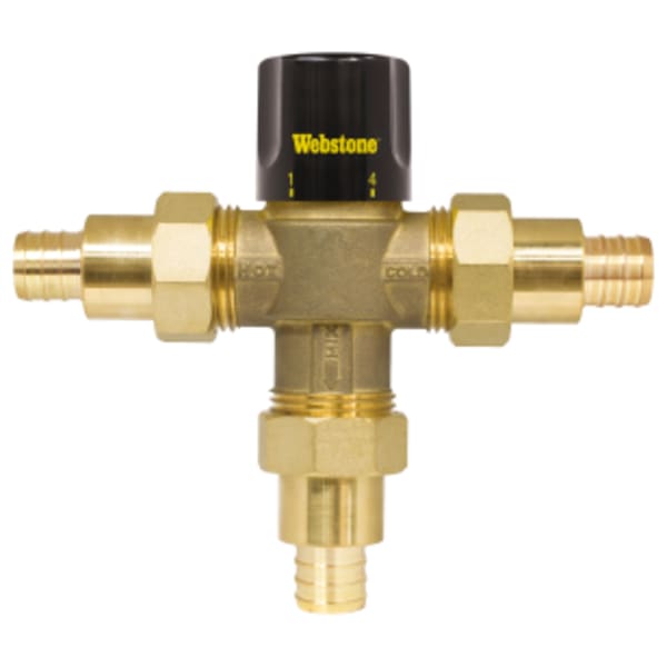 3/4" F1807 PEX G-Series Thermostatic Mixing Valve w/ Integral Check Valves, Forged Lead-Free Brass Valve w/ DZR Lead-Free Brass Fittings, Temperature Locking Handle, & G1 Union Connections, For High Temperature Hydronic Applications, Outlet Temperature Range 104°- 176°F
