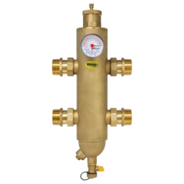 1" MPT G-Series Forged Brass Hydraulic Separator Body, w/ Integral Magnet & Stainless Steel Mesh, Integrated Hose Drain Valve, Air Separator & Filter, Dual Scale Temperature & Pressure Gauge, Requires (4) 1 1/2" G-Union Fittings (sold separately)