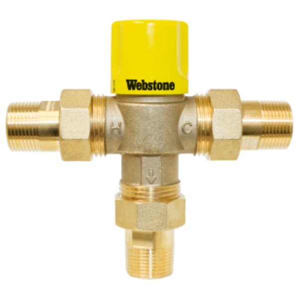 1/2" MPT G-Series Thermostatic Mixing Valve w/ Integral Check Valves, Forged Lead-Free Brass Valve w/ DZR Lead-Free Brass Fittings, G1 Union Connections, For Point-of-Use (Single or Multi-Fixture), Outlet Temperature Range 95°- 120°F