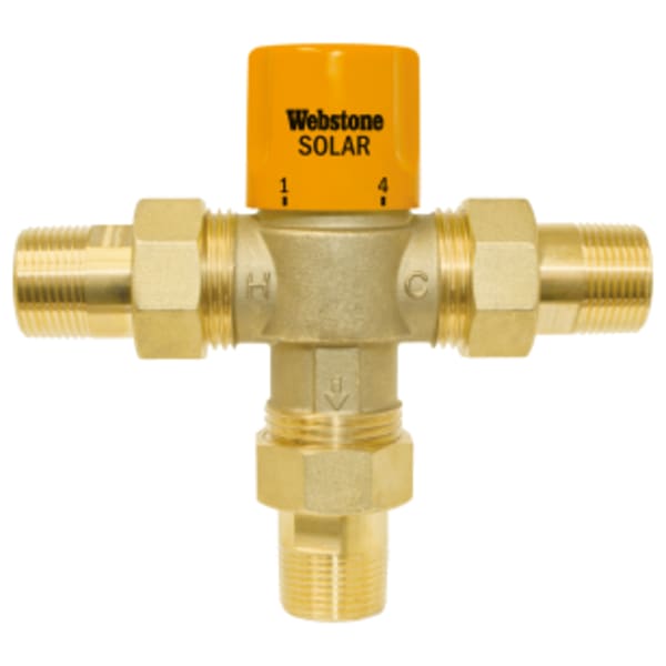 3/4" MPT G-Series Thermostatic Mixing Valve w/ Integral Check Valves, Forged Lead-Free Brass Valve w/ DZR Lead-Free Brass Fittings, Temperature Locking Handle, & G1 Union Connections, For Solar Applications - Max Input 230°F, Outlet Temperature Range 104°- 176°F