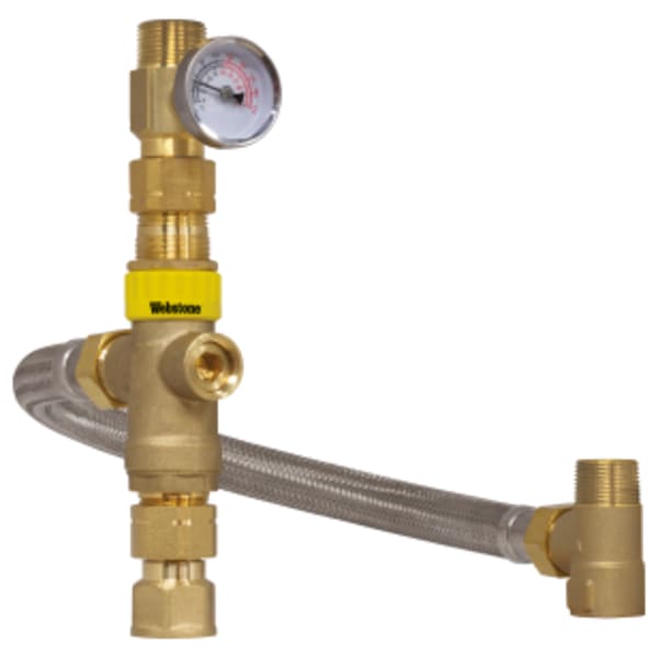 3/4" MPT x FPT Water Heater Tempering Valve, Forged DZR Lead-Free Brass Valve w/ 18" Flex Hose Connector, Temperature Gauge & Integral Check Valves, Outlet Temperature Range 86°-120°F