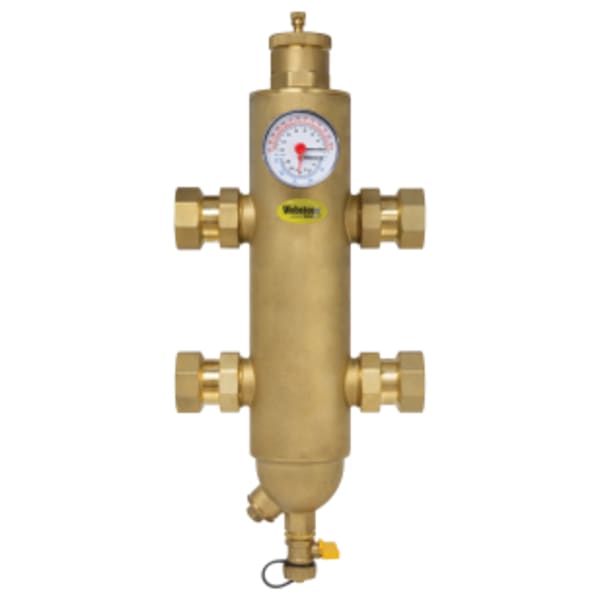 1-1/4" FPT G-Series Forged Brass Hydraulic Separator Body, w/ Integral Magnet & Stainless Steel Mesh, Integrated Hose Drain Valve, Air Separator & Filter, Dual Scale Temperature & Pressure Gauge, Requires (4) 1 1/2" G-Union Fittings (sold separately)