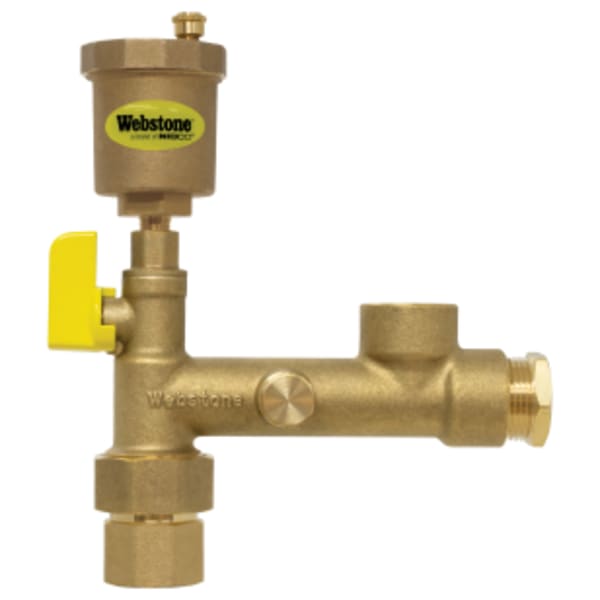 3/4" FPT Pro-Pal Boiler Vent Valve, Full Port Forged Brass Ball Valve w/ Auto Air Vent, 3/4 FIP Pressure Relief Valve Port, 1/4 NPT Gauge Ports (Plugged), 3/4 FIP Low Water Cutoff Port (Plugged), & 3/4 Close Nipple